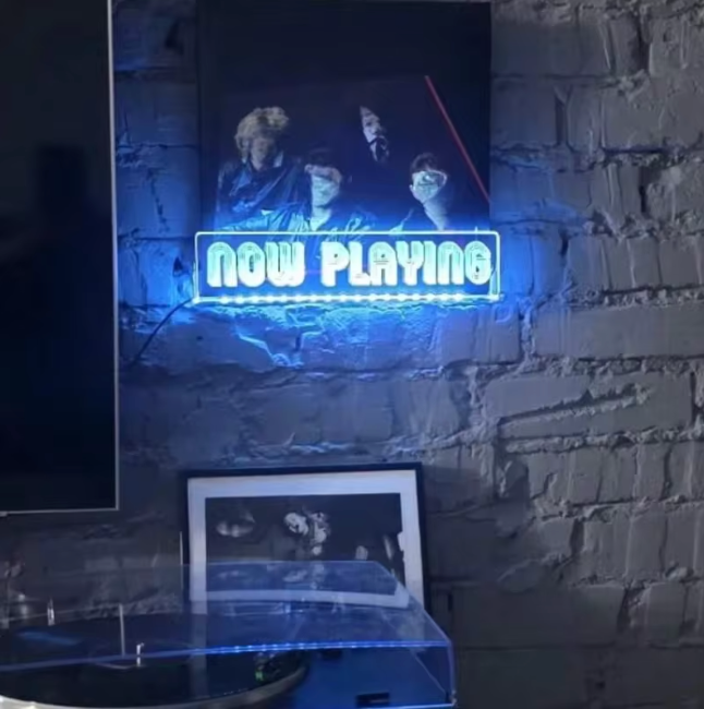Now Playing Wall-Mount Vinyl Display — Acrylic LED Shelf with Neon Blue Glow