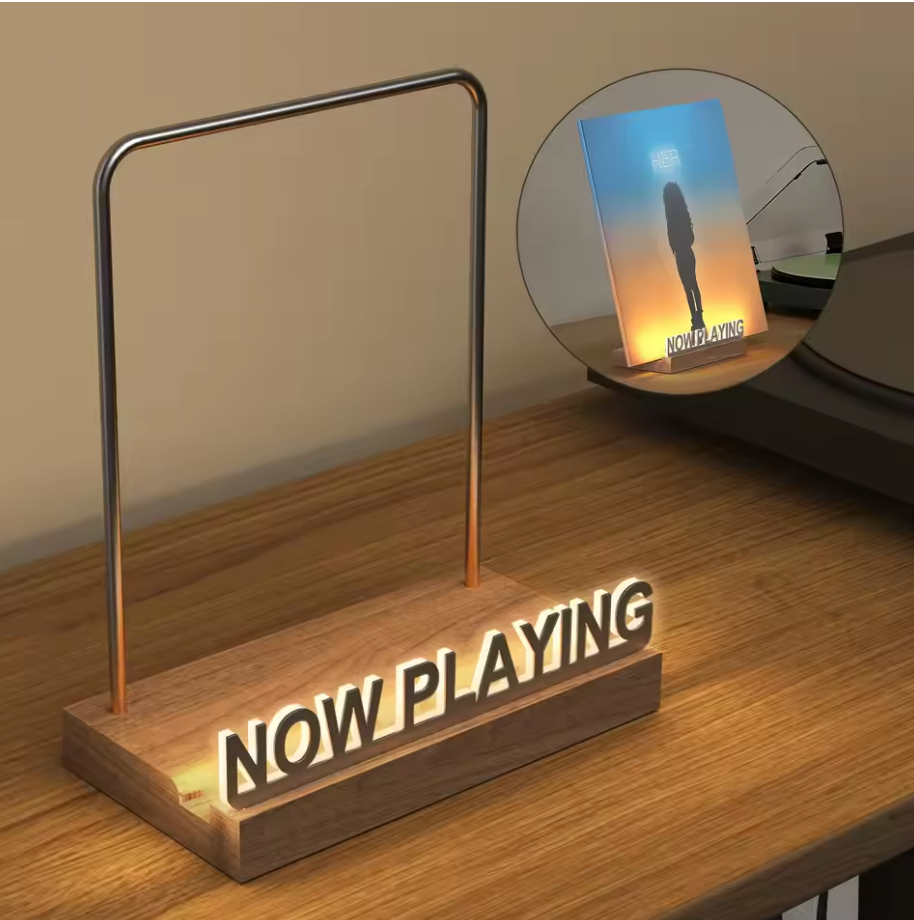 Now Playing Light-Up Vinyl Display Stand — Walnut, Acrylic & Warm White Glow