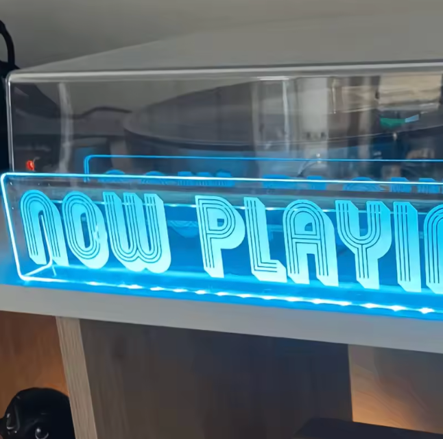 Now Playing Wall-Mount Vinyl Display — Acrylic LED Shelf with Neon Blue Glow