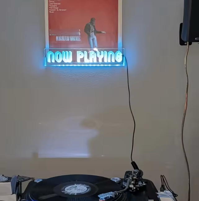Now Playing Wall-Mount Vinyl Display — Acrylic LED Shelf with Neon Blue Glow