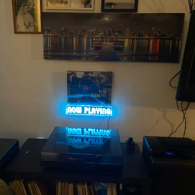 Now Playing Wall-Mount Vinyl Display — Acrylic LED Shelf with Neon Blue Glow