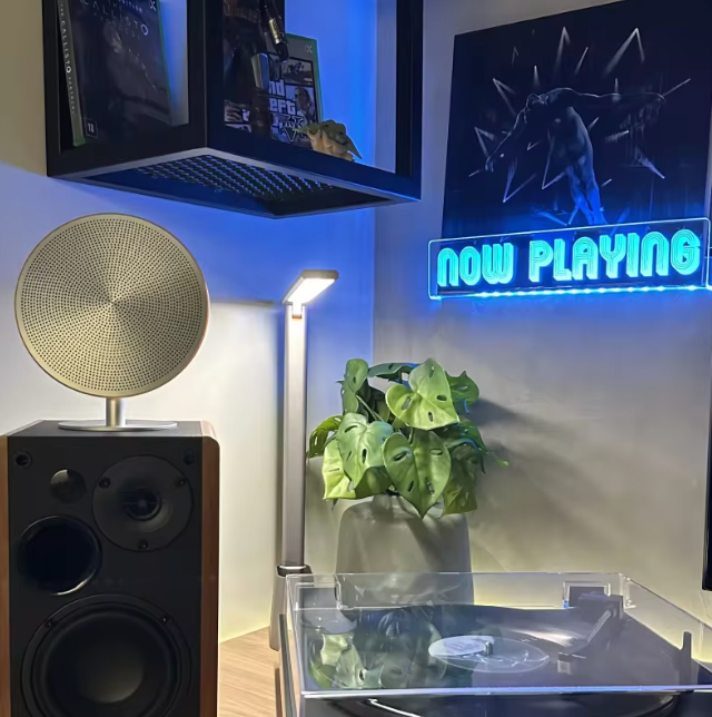 Now Playing Wall-Mount Vinyl Display — Acrylic LED Shelf with Neon Blue Glow